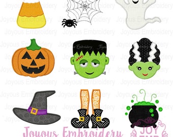May include: A collection of Halloween-themed embroidery designs. Includes a candy corn, spider web with spider, ghost, jack-o'-lantern, Frankenstein's monster, Bride of Frankenstein, witch's hat, witch's legs, and a bubbling cauldron. The text "Joyous Embroidery" is also present.