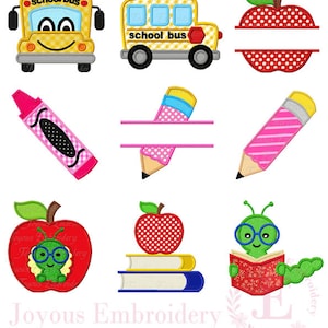 Back to School Embroidery Design,School Bus Embroidery,Applique, Apple Embroidery, Crayon Embroidery,Pencil Embroidery, Bookworm Embroidery