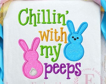 Diseño de bordado de conejito "Relajándome con mis amigos", archivo de bordado a máquina de apliques de Peeps de Pascua