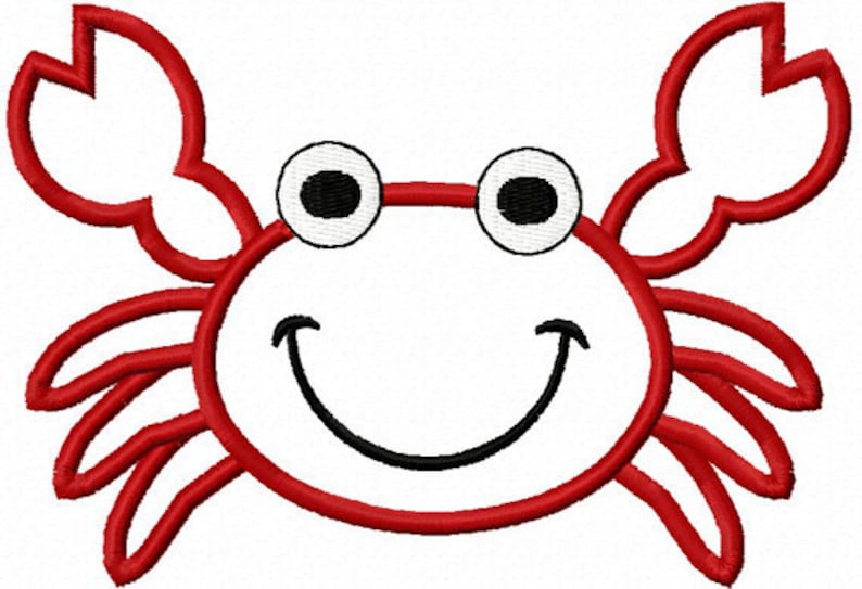 May include: A red embroidered crab design with a smiling face and large, expressive eyes. The crab has two large claws and is outlined in red thread. The design is on a white background, creating a cheerful and playful image.