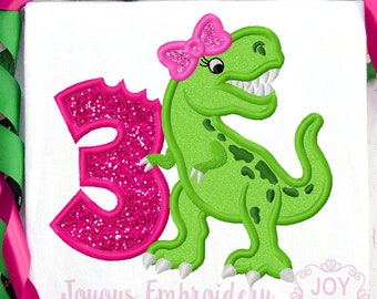 Rex Number 3 Applique,Birthday Rex,Birthday girl Applique,Third Birthday,Rex Embroidery,Machine Embroidery Design