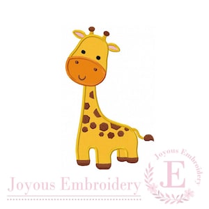 May include: A yellow cartoon giraffe with brown spots, a brown nose, and a smiling face. The giraffe has a long neck and is standing on four legs. The text "Joyous Embroidery" is at the bottom.