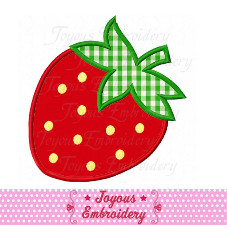 May include: Red and green embroidered strawberry applique with a gingham pattern on the leaves.