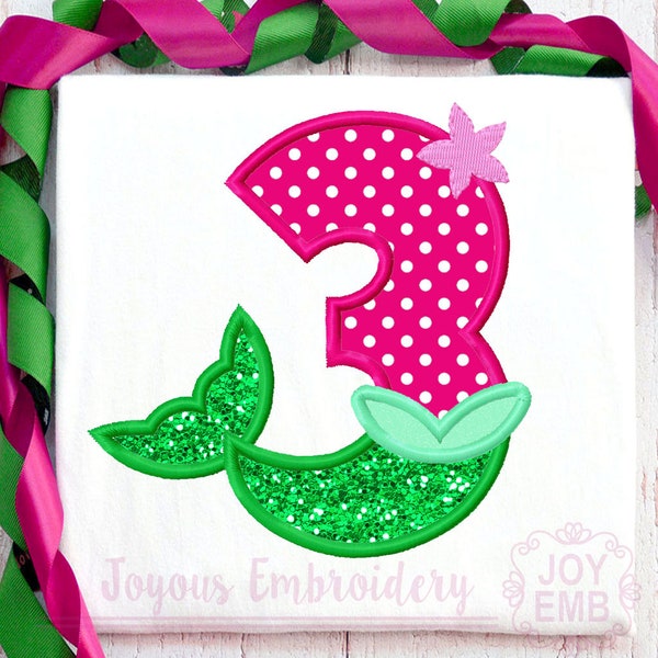 Third Birthday Embroidery,Mermaid Number 3 Applique,Birthday Girl Embroidery,Machine Embroidery Design,Instant Download Embroidery file