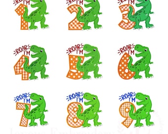 May include: A set of nine embroidered designs featuring a green cartoon dinosaur next to numbers one through nine. Each number is orange with either a star or plaid pattern. The text ROAR I'M is stitched in red or blue above each dinosaur.