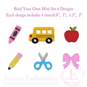 Back to School Mini Embroidery Bundle | School Mini Design Set | Crayon Pencil Bus Apple Scissors Bow Embroidery Files