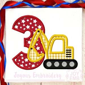 Excavator Embroidery,Excavator applique,Third Birthday,Excavator Number 3,birthday boy applique,Machine Embroidery Design,Embroidery File