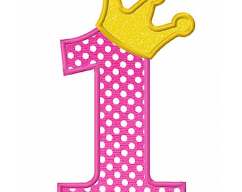 Disegno per ricamo a macchina con numero 1 della corona, disegno per applicazione del primo compleanno della principessa, file di ricamo scaricabile immediatamente