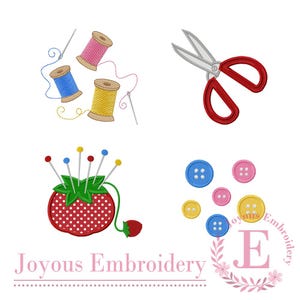 May include: An illustration featuring sewing-themed elements. It includes spools of thread in blue, pink, and yellow, a pair of red-handled scissors, a strawberry pin cushion with pins, and various colorful buttons. The text "Joyous Embroidery" is also present.