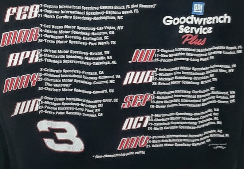 Shirt From 1999 NASCAR #3 Dale Earnhardt1999 Winston Cup Schedule Graphic Shirt By Chase Authentics Adult Medium.