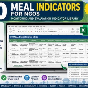 May include: A digital Excel template titled 50 MEAL Indicators for NGOs, featuring a spreadsheet with columns for indicator definitions, calculation formulas, numerators, denominators, disaggregations, data sources, and reporting frequencies in English and French.