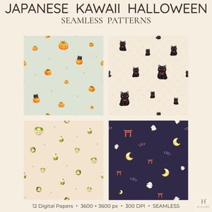 以下が含まれることがあります： 日本のハロウィーンをテーマにした4種類のシームレスなデジタルパターン。オレンジ色のカボチャと黒猫、赤いリボンをつけた黒猫、お化けの入った緑茶のカップ、そして鳥居や月、お化けが描かれた濃い紫色の背景のデザインが含まれています。