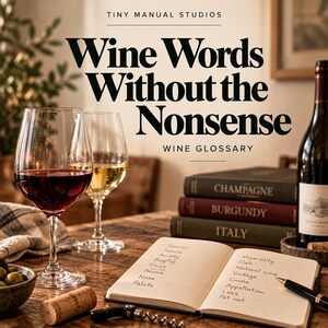 Puede incluir: Un glosario de vinos titulado Tiny Manual Studios Wine Words Without the Nonsense que incluye una botella de vino, dos copas con vino tinto y blanco, un sacacorchos, un corcho y un cuaderno abierto con términos vinícolas en una mesa de madera.
