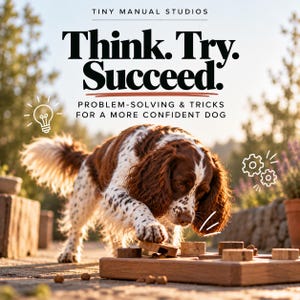 Peut inclure: Un chien tacheté marron et blanc interagit avec un jouet puzzle en bois sur une surface en pierre. Le texte indique : TINY MANUAL STUDIOS, Think. Try. Succeed. PROBLEM-SOLVING & TRICKS FOR A MORE CONFIDENT DOG. Des icônes en ligne blanche apparaissent.