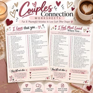 Może przedstawiać: Dwie białe karty pracy zatytułowane Couples Connection Worksheets z różowym i ciemnoczerwonym tekstem oraz ilustracjami serc. Arkusze zawierają numerowane listy dla par do zaznaczenia, w tym I love that you oraz I Feel Most Loved When You.