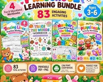Preschool Learning Bundle, 83 Printable Activities for Ages 3-6, Pre-K Kindergarten Worksheets, PDF & PNG