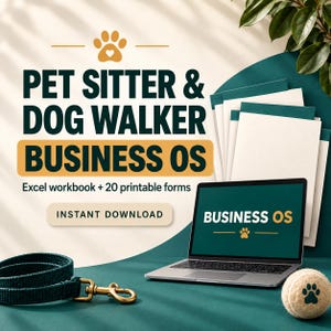 Puede incluir: Un sistema operativo empresarial para cuidadores de mascotas y paseadores de perros que incluye un libro de Excel y 20 formularios imprimibles. La imagen muestra el texto PET SITTER & DOG WALKER BUSINESS OS, un portátil, una correa y una pelota.