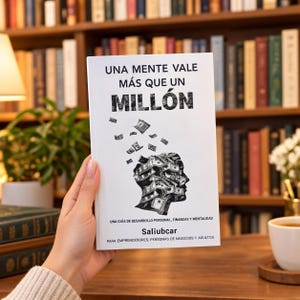 May include: A white book titled UNA MENTE VALE MÁS QUE UN MILLÓN with a black graphic of a human head filled with dollar bills. The cover includes the text UNA GUÍA DE DESARROLLO PERSONAL, FINANZAS Y MENTALIDAD, Saliubcar, and PARA EMPRENDEDORES, PERSONAS DE NEGOCIOS Y ADULTOS.