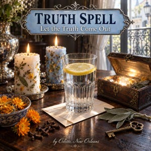 Puede incluir: Un kit Truth Spell con un letrero que dice TRUTH SPELL Let the Truth Come Out, dos velas florales, un vaso de agua con una rodaja de limón, un cofre de madera, un cuenco de flores naranjas, hojas de salvia y una llave de metal de Odette, New Orleans.