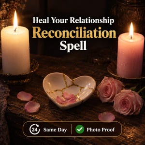 May include: A white pillar candle and a pink pillar candle flank a heart-shaped dish with gold-filled cracks containing pink petals. Text reads: Heal Your Relationship Reconciliation Spell, 24 Same Day, and Photo Proof with a green checkmark.