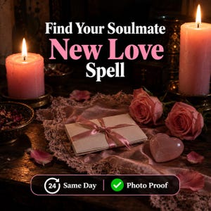 May include: Two pink pillar candles with lit flames, a stack of paper tied with a pink ribbon, two pink roses, and a heart-shaped crystal. Text reads: Find Your Soulmate New Love Spell, 24 Same Day, and Photo Proof.