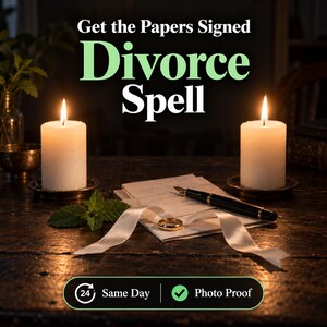 May include: Two white pillar candles in dark metal holders flank a stack of papers, a gold ring, a black fountain pen, and a sprig of mint. The text reads: Get the Papers Signed Divorce Spell, 24 Same Day, and Photo Proof.