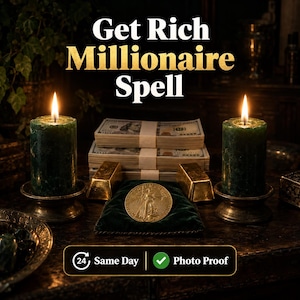 May include: Two dark green pillar candles in metal holders flank stacks of US hundred-dollar bills, two gold bars, and a gold coin on a green velvet cushion. Text reads: Get Rich Millionaire Spell, 24 Same Day, and Photo Proof.