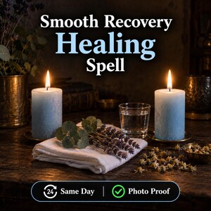 May include: Two light blue pillar candles with lit flames, a white folded cloth, sprigs of dried lavender, eucalyptus leaves, a small glass of water, and scattered chamomile flowers. Text reads: Smooth Recovery Healing Spell, 24 Same Day, Photo Proof.