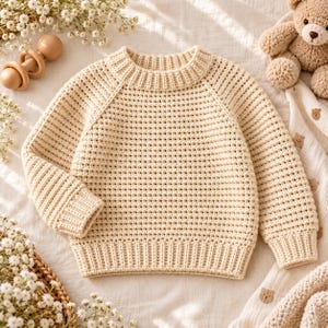 May include: A cream-colored long-sleeve knit sweater featuring a textured waffle stitch pattern, a ribbed crew neckline, and ribbed cuffs and hem. The garment is constructed with raglan sleeves and a solid, neutral tone throughout the entire piece.