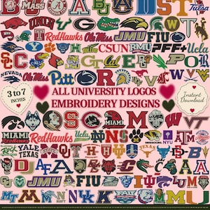 Könnte beinhalten: Eine digitale Sammlung verschiedener Universitäts- und Sportlogos, die in einem Raster auf einem hellrosa Hintergrund angeordnet sind. Das Bild enthält den Text ALL UNIVERSITY LOGOS EMBROIDERY DESIGNS und listet Formate wie DST, JEF und SEW auf.