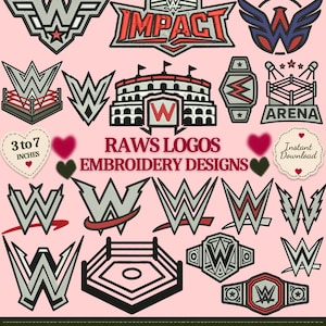 Può includere: Una collezione di ricami digitali con vari loghi a tema wrestling, cinture da campionato e grafiche di arene. Il testo include RAWS LOGOS EMBROIDERY DESIGNS, 3 to 7 INCHES, ed elenca formati di file come DST, JEF, SEW, VP3, HUS, XXX ed EXP.