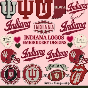 Könnte beinhalten: Eine Sammlung von Indiana University Stickmustern mit verschiedenen Logos, dem Umriss des Bundesstaates, Footballhelmen, einem Football und Texten wie Indiana, Hoosiers und National Championship auf einem hellrosa Hintergrund.