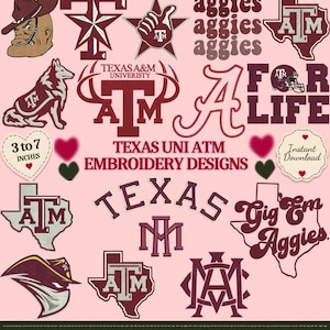 May include: A collection of Texas A&M embroidery designs in maroon and white, featuring logos, the state of Texas, a mascot, and text including Aggies, Gig Em, and For Life. The digital file includes various formats like DST, JEF, SEW, VP3, HUS, XXX, and EXP.