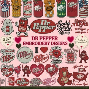 以下が含まれることがあります： Dr Pepperをテーマにした刺繍デザインのコレクション。ソーダ缶、ハート、クマ、テキストグラフィックなどが含まれています。デジタルシートには、Soda Girly、Soda Addict、Dr Pepper Loverなどの様々なイラスト、ロゴ、フレーズが赤、白、緑の色調で描かれています。