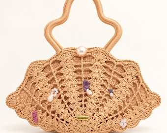 Shell-Shaped PU Leather Handbag, Woven Top Handle Shoulder Bag, Beaded Summer Beach Purse, Gift for her,Gift for Her Christmas