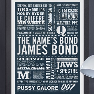 UPDATED James Bond Print - now includes *No Time To Die*, James Bond Print, Typographic Print, 007 Print.
