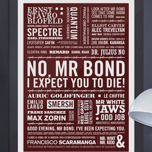 UPDATED James Bond Villain Print - now includes *No Time To Die*, Bond Baddies Print, 007 Typographic Art, Super Villain Art, Dad gift,