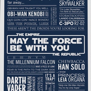 May include: A navy blue poster with white text featuring characters and quotes from the Star Wars franchise. The text includes the title "May the Force Be With You" and the names of characters like Luke Skywalker, Darth Vader, Yoda, and Princess Leia.