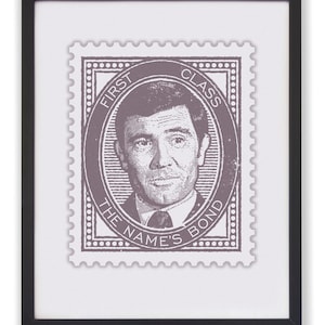 Impression James Bond, impression timbre James Bond, affiche George Lazenby, impression caricature, affiche 007, impression homme des cavernes, cadeau pour homme