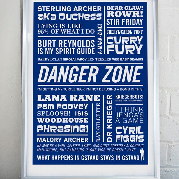 Archer Print, Typographic Print, Sterling Archer Art, TV Animation Print, Comedy Spy Print, Danger Zone Poster, Cult Print, Mate Gift