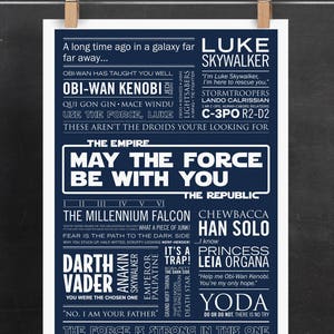 May include: A blue and white Star Wars themed poster with the text "May the Force Be With You". The poster features iconic characters and quotes from the Star Wars movies.