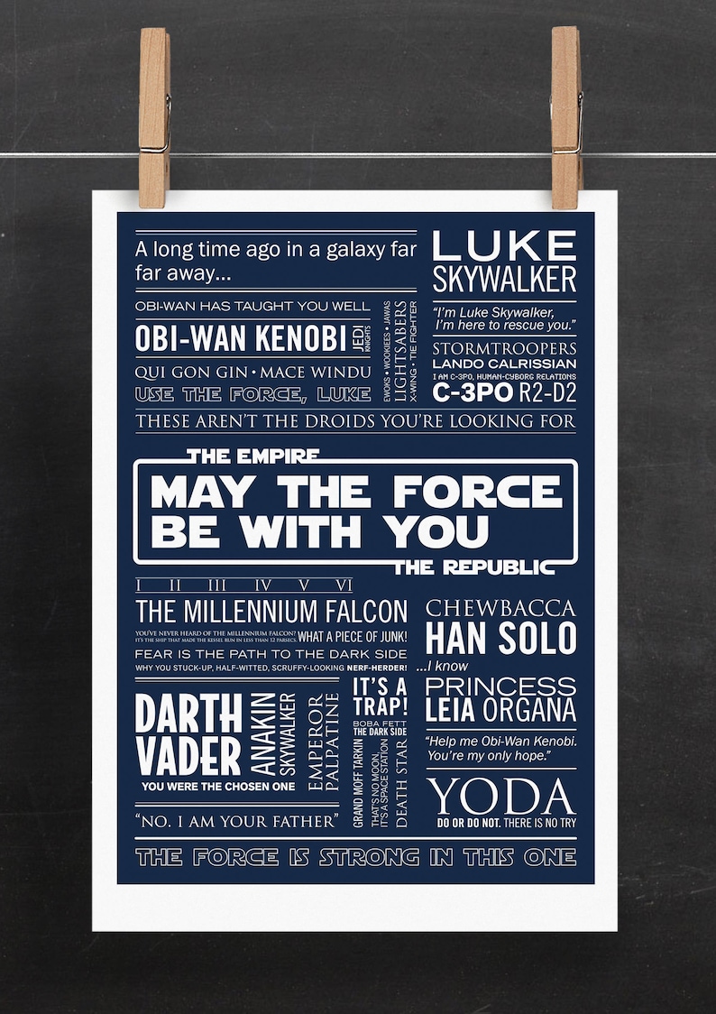 May include: A blue and white Star Wars themed poster with the text "May the Force Be With You". The poster features iconic characters and quotes from the Star Wars movies.