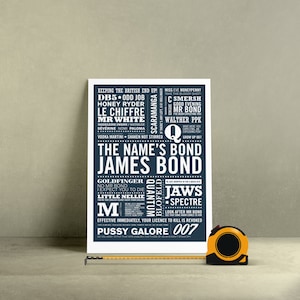 UPDATED James Bond Print now includes No Time To Die, James Bond Print, Typographic Print, 007 Print. A3 (297 x 420mm)