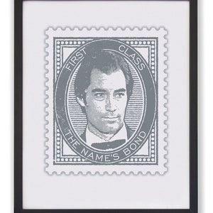 Impression James Bond, impression timbre James Bond, affiche Timothy Dalton, impression caricature, affiche 007, impression homme des cavernes, cadeau pour homme
