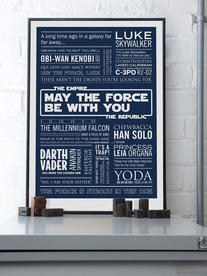 May include: A navy blue poster with white text featuring characters and quotes from the Star Wars franchise. The text includes the title "May the Force Be With You" and the names of characters like Luke Skywalker, Darth Vader, Yoda, and Princess Leia.