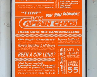 Cannonball Run Typographic Print, Cannonball Run Art, CAPTAIN CHAOS Print. Movie Poster