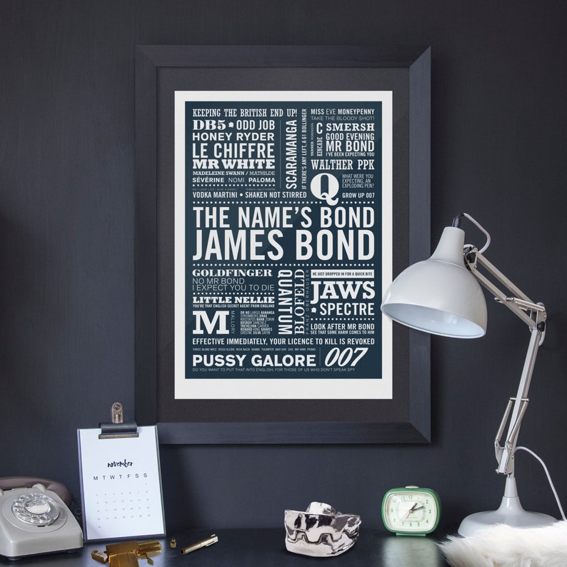 UPDATED James Bond Print now includes No Time To Die, James Bond Print, Typographic Print, 007 Print. image 1