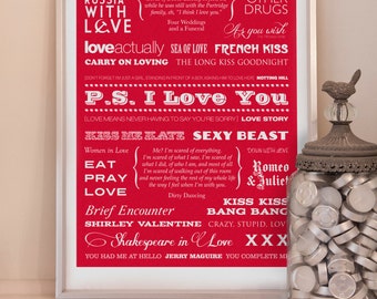 Valentines Typographic Print, Romantic Poster, Valentines Day Art, Film Poster, Gift for lovers, Valentines Gift, Girlfriend Present