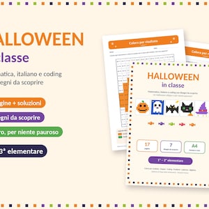 Könnte beinhalten: Ein Set aus pädagogischen Arbeitsblättern mit dem Titel Halloween in classe, die Mathematik-, Sprach- und Coding-Übungen enthalten. Die Seiten zeigen Pixel-Art-Designs von einem Kürbis, Geist, einer Fledermaus, einer Katze und einem Hexenhut sowie Text und bunte Symbole.