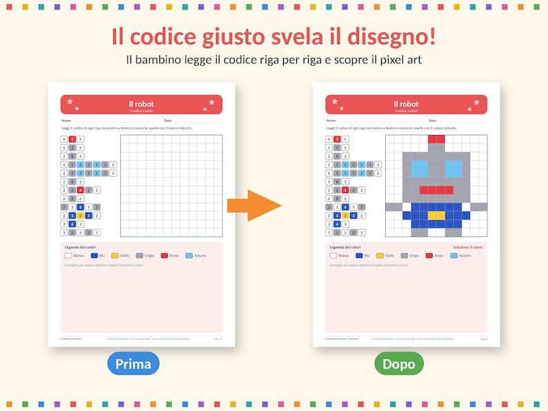 May include: Two educational worksheets titled Il robot featuring a pixel art activity. The left sheet shows a blank grid with numerical color codes, and the right sheet shows the completed robot design in red, blue, yellow, and gray squares.